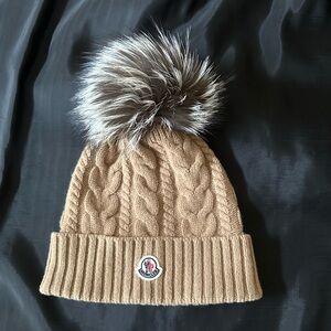 MONCLER Cashmere and Wool Beanie with Fox Pom Pom